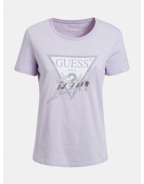 T-Shirt Guess Icon stampa logo con strass W2GI02 I3Z11 New-Light-Lilac