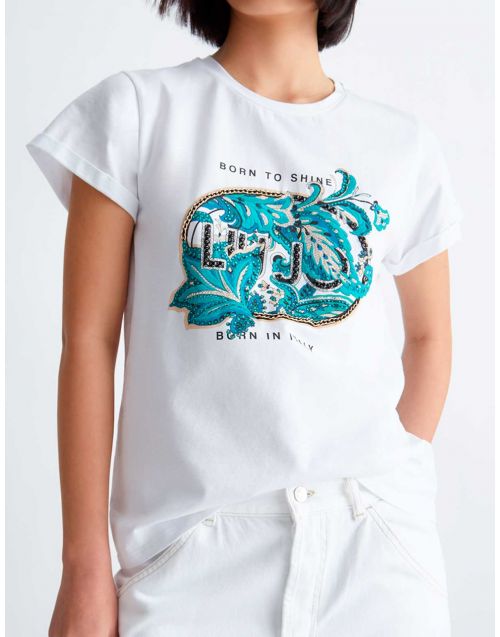 T-Shirt Liu Jo stampa multicolor e strass CA3368 JS003 Bco-Liujo-Mar-Paisley